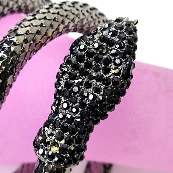 Vintage Mesh Black Rhinestone 3 Coil Serpent SIlver Snake Bracelet - Picture 2 of 12